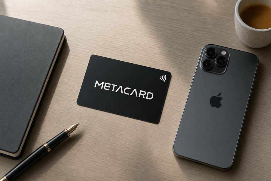 Μαύρη NFC επαγγελματική κάρτα METACARD δίπλα σε iPhone σε γραφείο