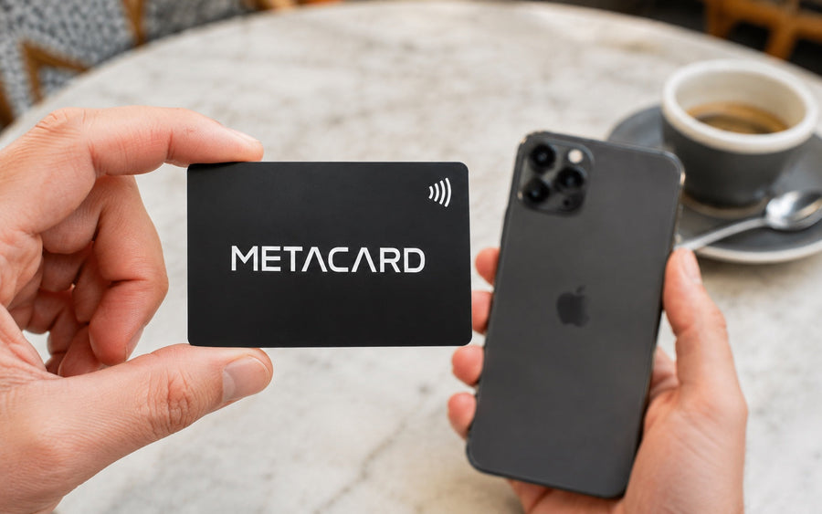 Μαύρη NFC κάρτα με κεντραρισμένο λογότυπο METACARD δίπλα σε iPhone